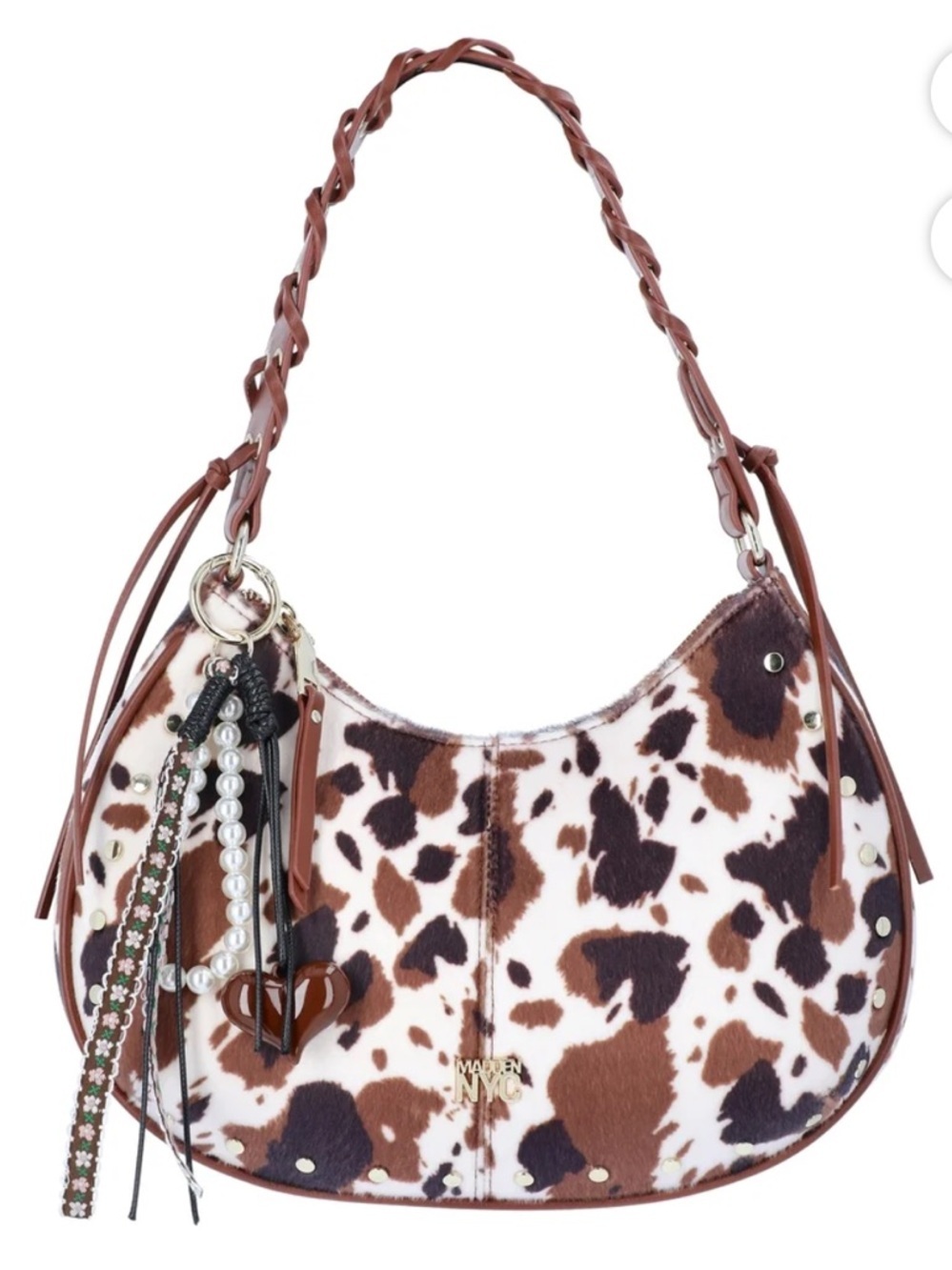 Cowhide-Print Crescent Shoulder Bag in Brown and White with Braided Strap